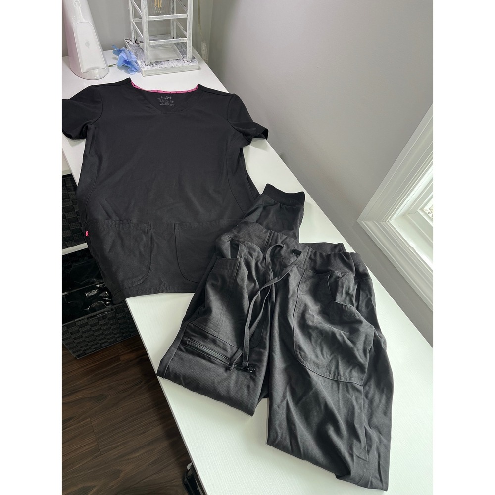 Heartsoul Break On Through Black Scrub Set V-Neck Top S & Jogger‎ Pants XS